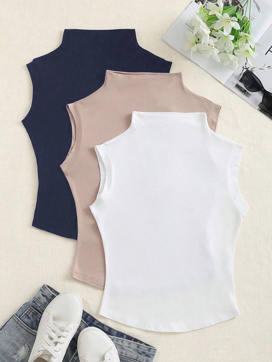 Sweetra Top canotta senza maniche da donna casual di colore unito, con colletto alto e stile minimalista