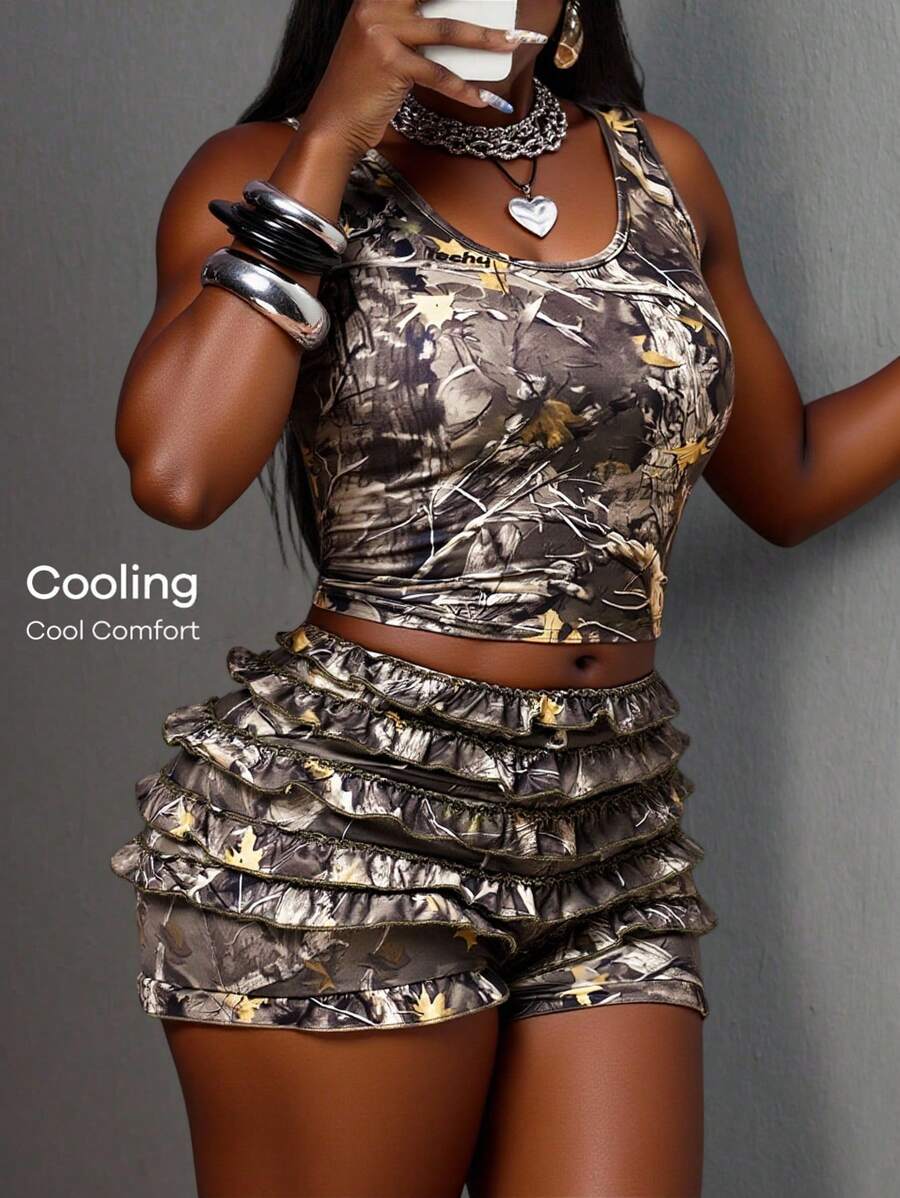 Slaydiva Set casual da 2 pezzi composto da top canotta senza maniche con scollo a U e stampa a rami d'albero in stile Y2K e pantaloncini con volant a più strati
