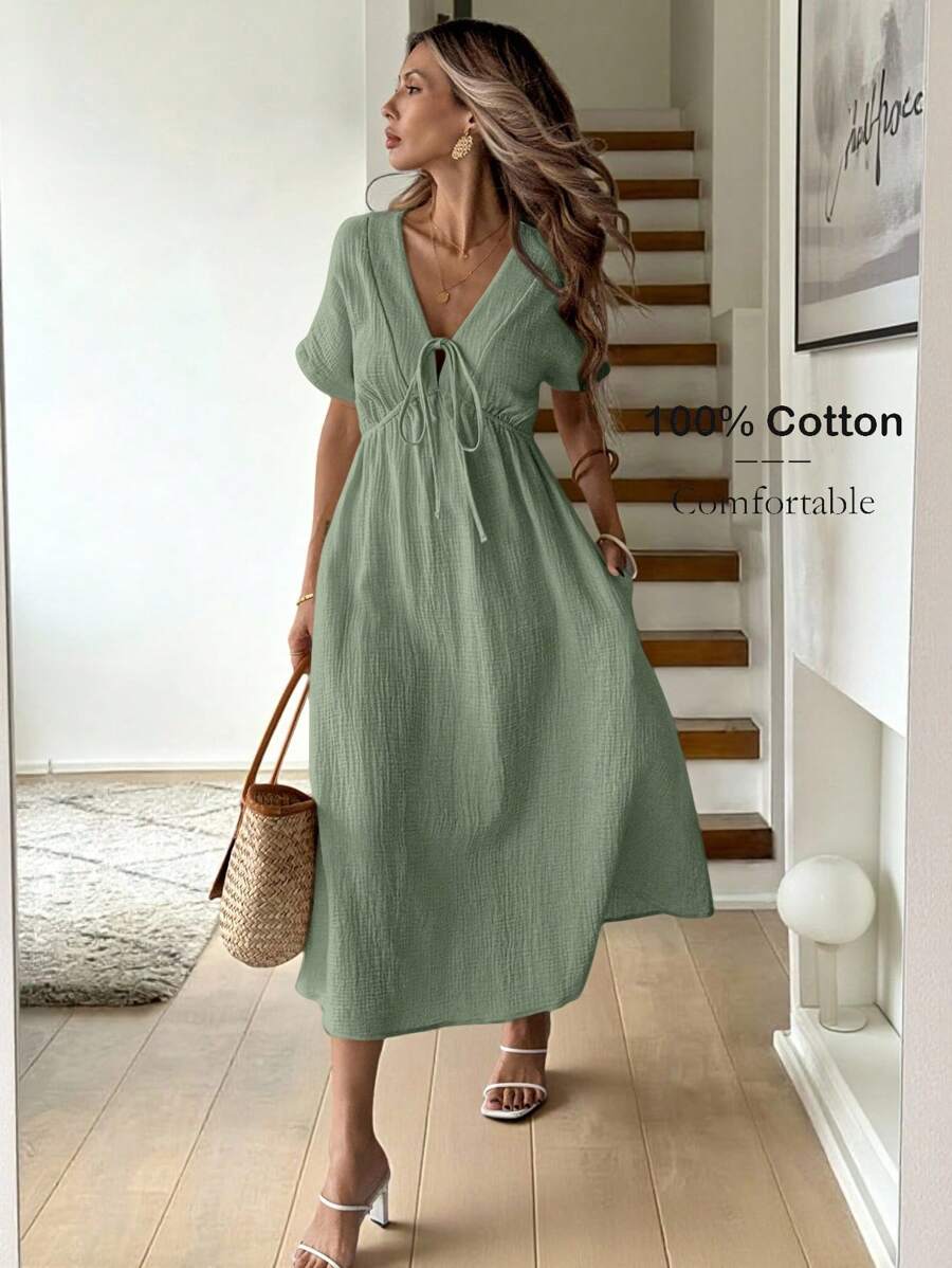 SHEIN LUNE Robe mi-longue à manches courtes casual avec nœud, couleur abricot, pour femmes