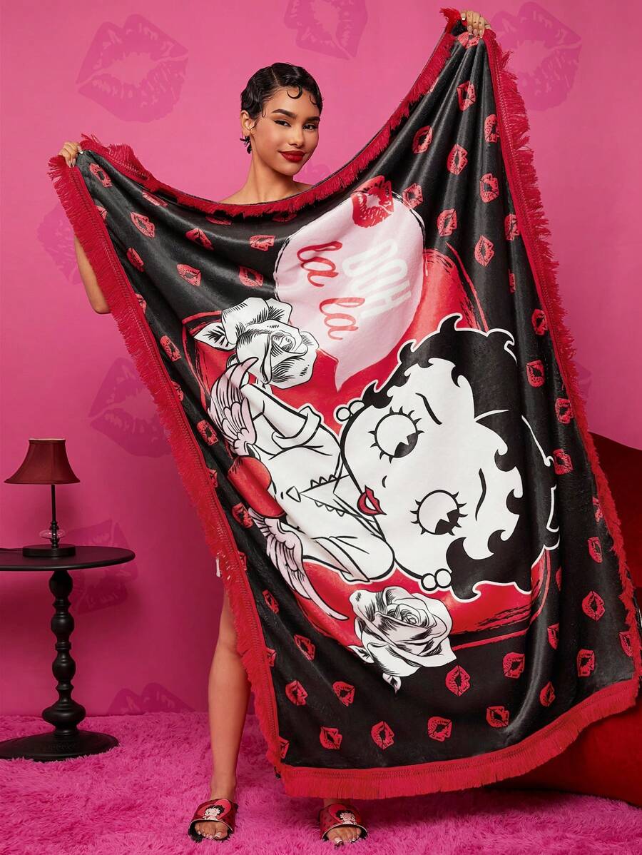 Betty Boop x SHEIN Manta de cama cruda con estampado de personajes de dibujos animados y labios, para regalos