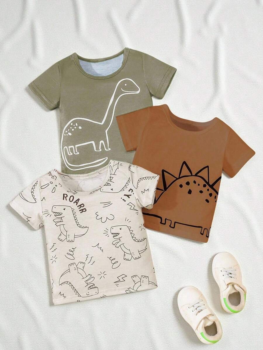 SHEIN 3pcs Baby Boy Dinosaur Pattern Knitted Short Sleeve T-Shirt Set, Spring/Summer
