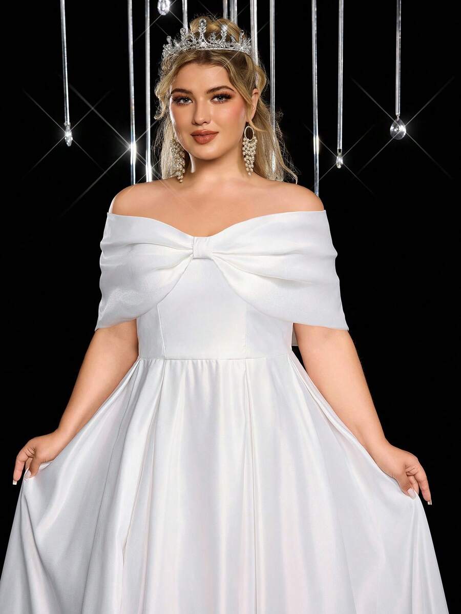 Glamrae Plus Size Elegant Romantic All White Strapless Big Bow Decoration Luxury Wedding Dress Satin Big A-Line Long Tail Embroidery Bridal Wedding Dress Off Shoulder