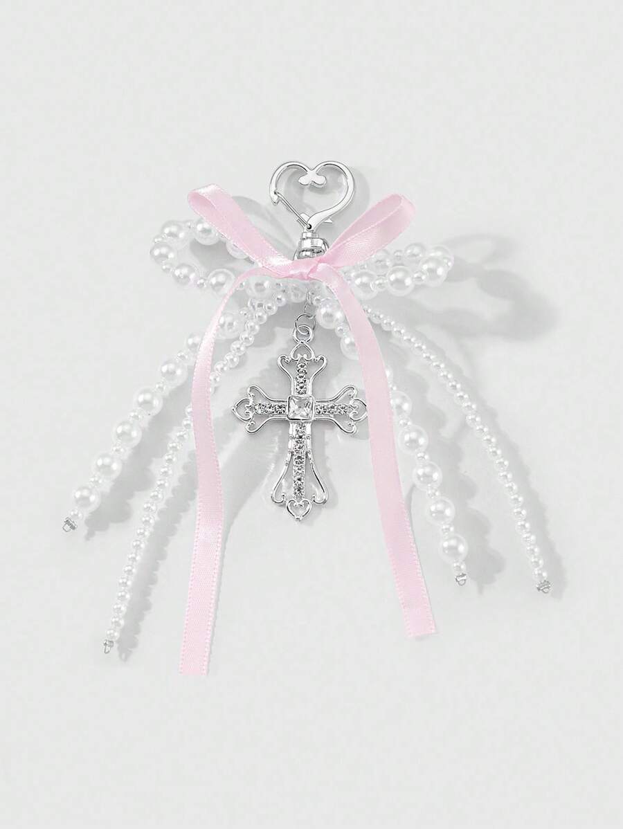 ROMWE Kawaii 1 pezzo Ciondolo versatile, delicato e dolce in stile Y2K, di alta qualità, realizzato a mano con perle, fiocco di nastro e croce di cristallo cava, adatto come portachiavi o decorazione per borse, adatto per donne/ragazze, per uso quotidiano o come regalo