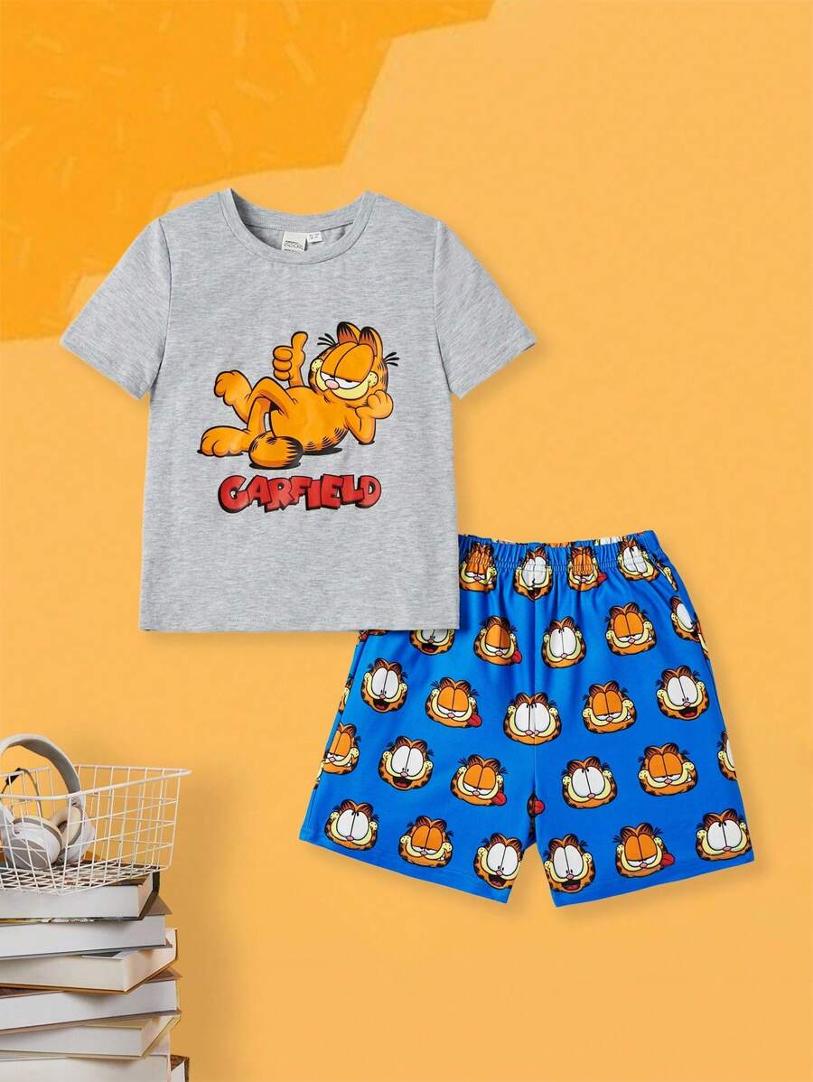 GARFIELD X SHEIN Young Boy Cat Graphic Round Neck Short Sleeve Top And Allover Cat Print Shorts Pajama Set, Suitable For Spring/Summer
