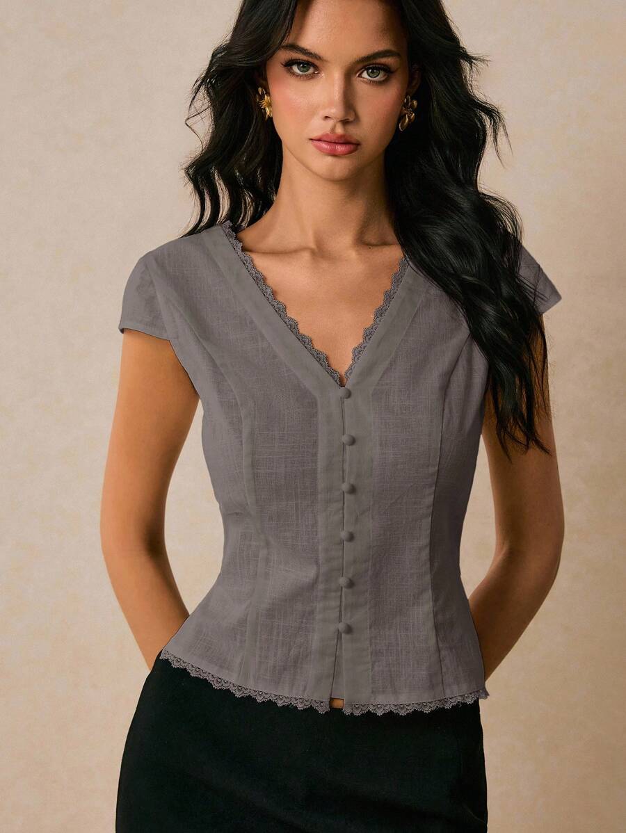 Poéselle Blusa elegante de mujer con contraste de encaje y cuello en V