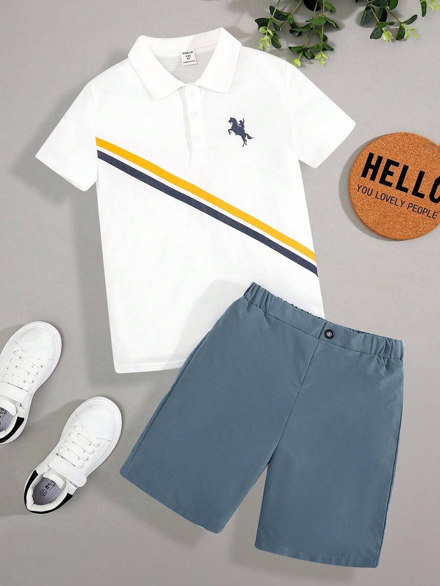 SHEIN Tween Boys' Casual & Comfortable Equestrian Print Polo Shirt And Shorts Set