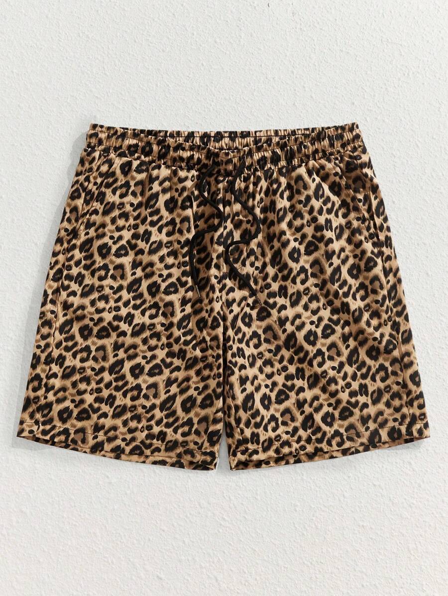 Manfinity VCAY Pantaloncini casual da uomo a vita media, a gamba dritta, con stampa leopardata e tessuto elasticizzato a quattro vie, adatti per il ritorno a scuola