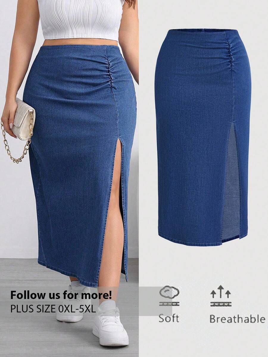 Firerie Minifalda de mezclilla talla grande, azul, con pliegues laterales, abierta y elástica, informal