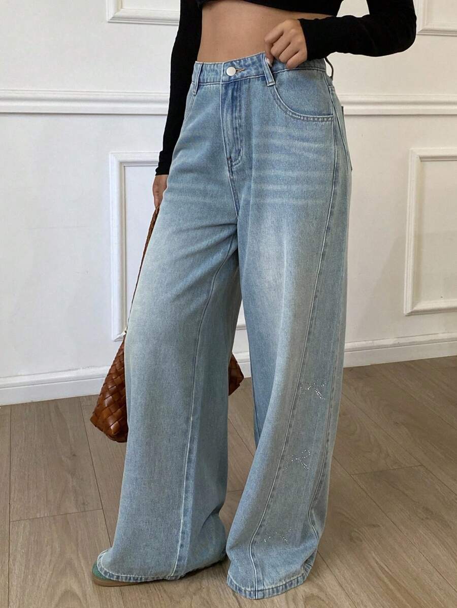 Livesso Women's Casual High Waist Wide Leg Washed Denim Jeans