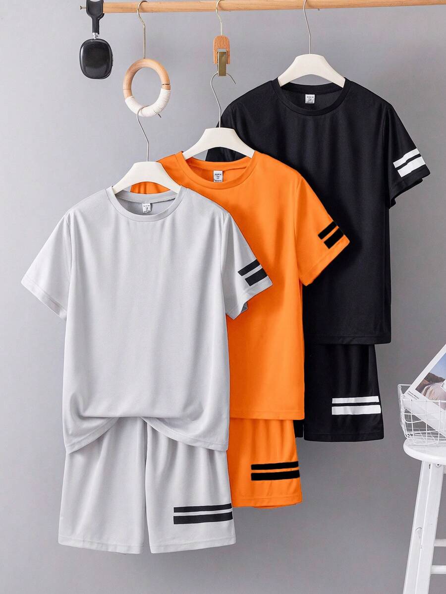 SHEIN 6pcs/Set Teen Boys Casual Short Sleeve T-Shirt & Shorts Set, Sports Outfit, Street, Punk Rock, School Style, Suitable For Spring/Summer, Daily Wear, Party, Music Festival, Blue, Black, Gray
