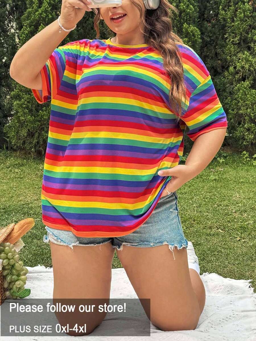 Solflare Plus Size Rainbow Striped Summer Casual Loose T-Shirt