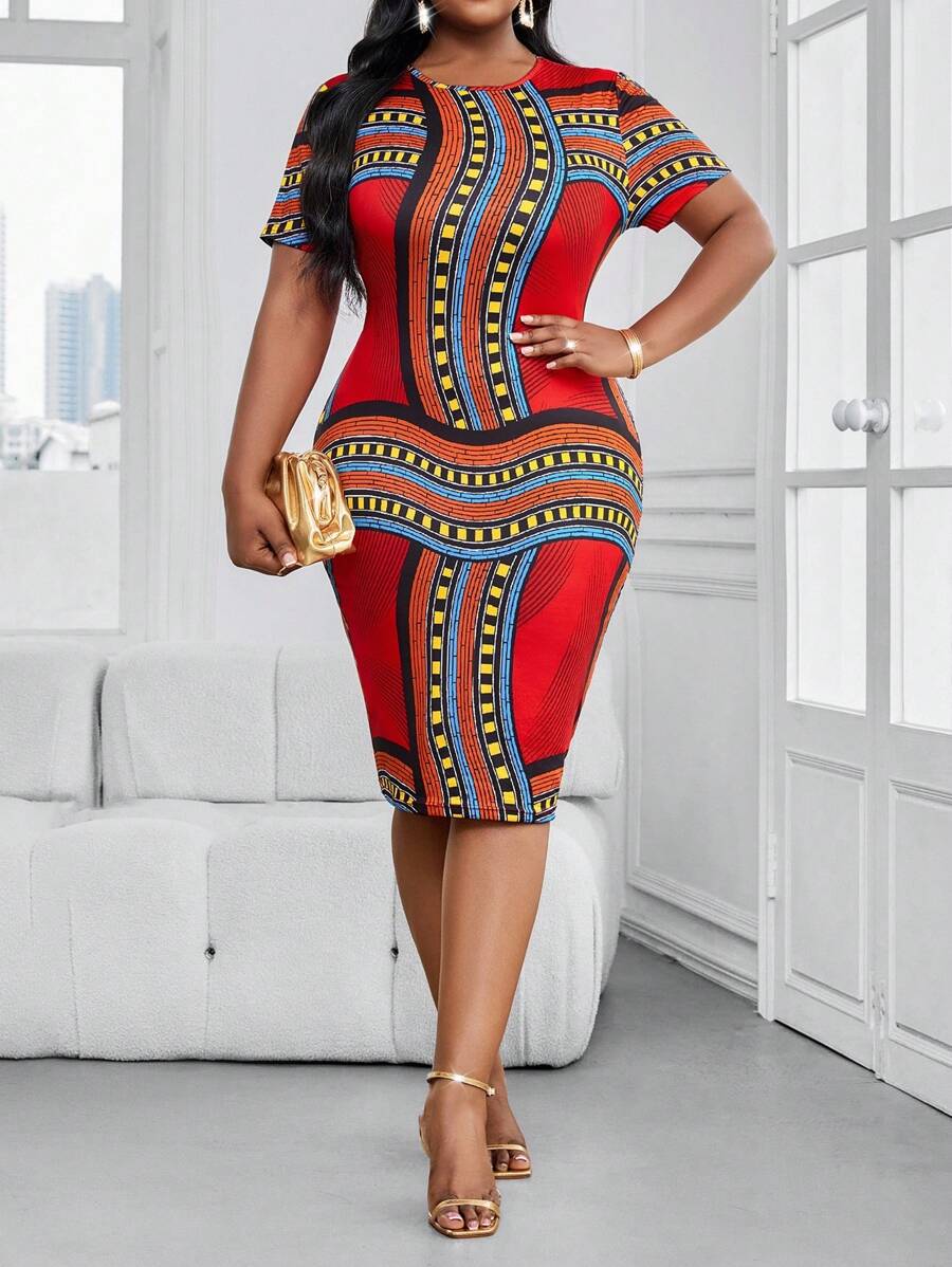 SHEIN Lady Abito midi a maglia con scollo tondo, colorato, elegante stile boho, adatto per l'ufficio e il tempo libero, taglie forti, vestiti eleganti da donna, look raffinati