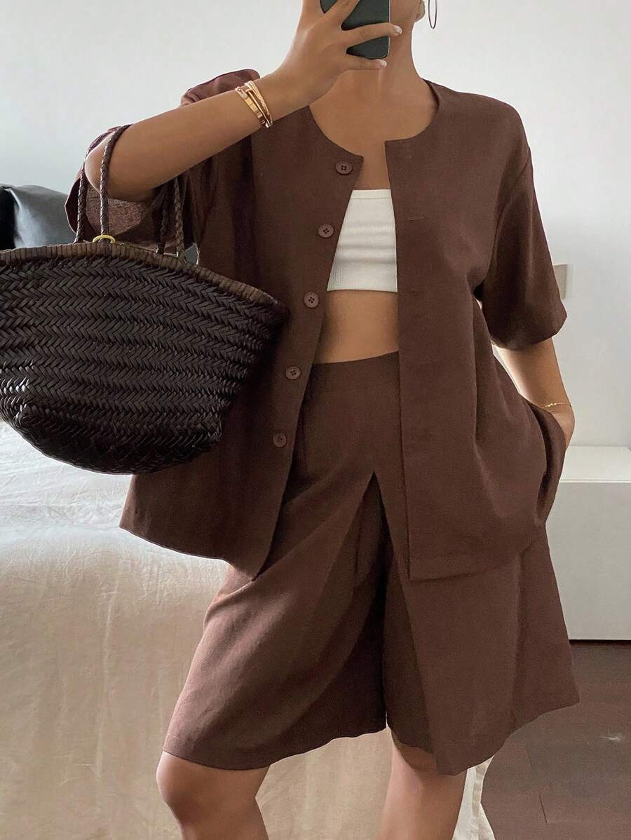 Livesso 2 pièces Ensemble chemise veste décontractée ample de couleur unie à manches courtes et short, style de rue, automne