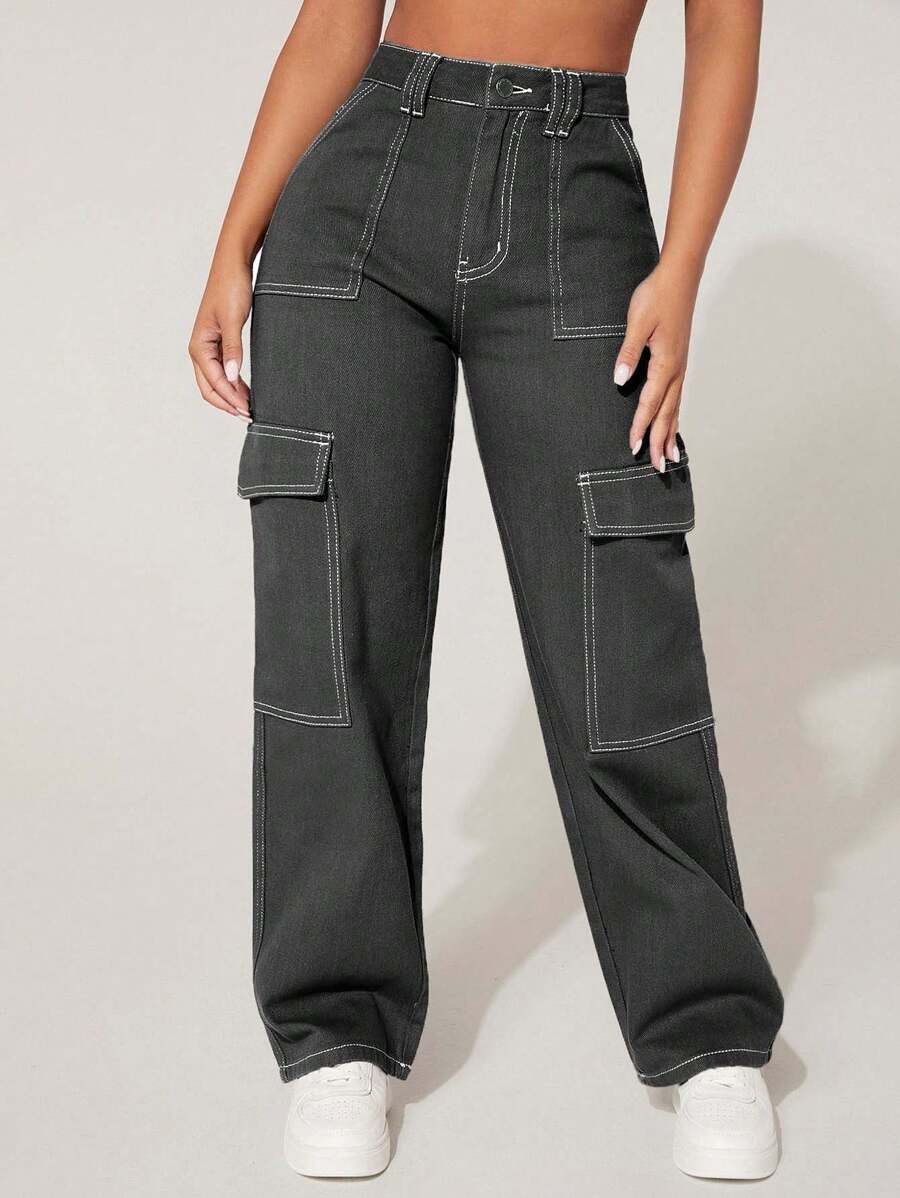 SHEIN PETITE Pantalones vaqueros de carga de pierna recta lavados informales para mujeres
