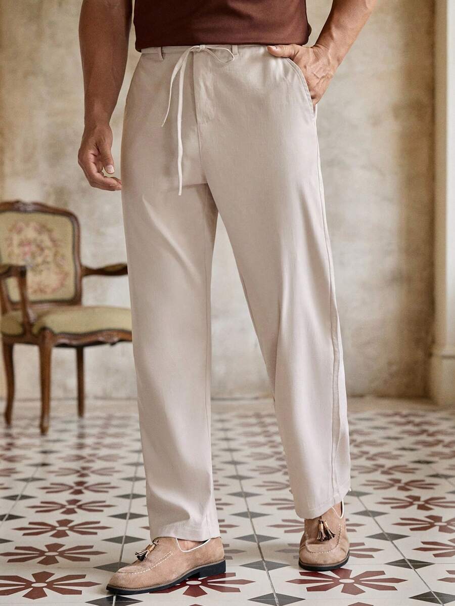 HIMLAND Men's Casual Woven Mid-Waist Drawstring Decor Straight Leg Pants, Suitable For Spring/Summer