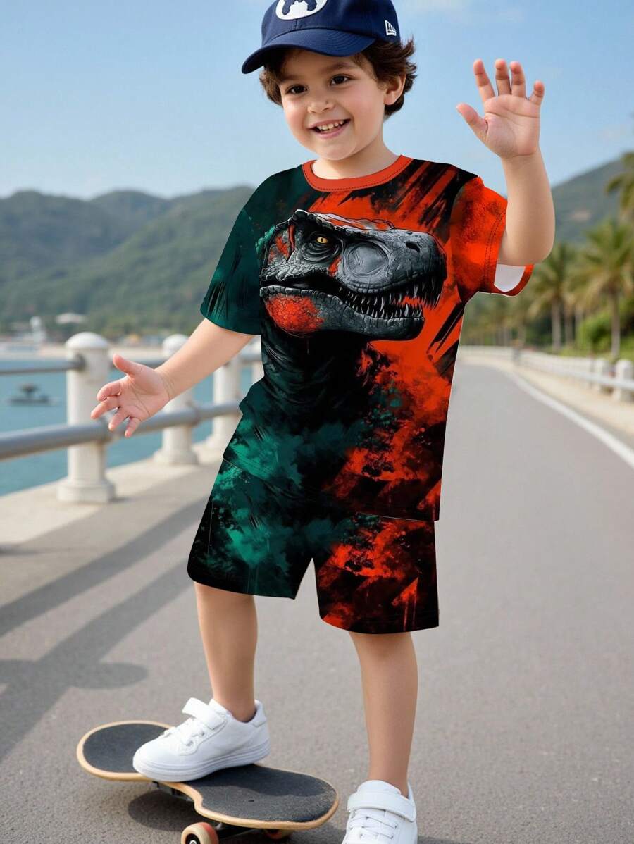 Set de 2 camisetas deportivas informales con bloqueo de colores y gráfico de dinosaurio cómodas para niños preadolescentes, apropiadas para el estilo callejero en verano