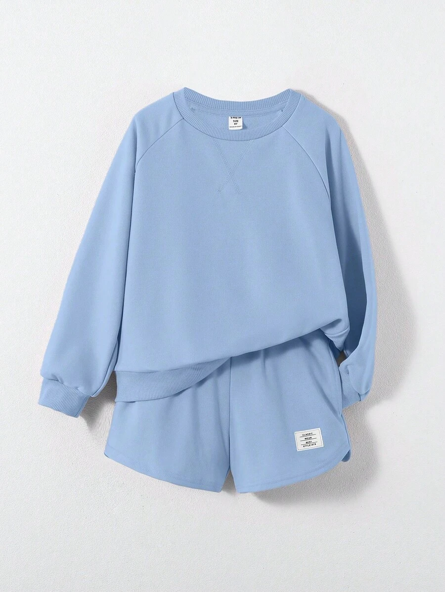 SHEIN Tween Girl Solid Colored Knitted Sweatshirt And Shorts Casual 2-Piece Set
