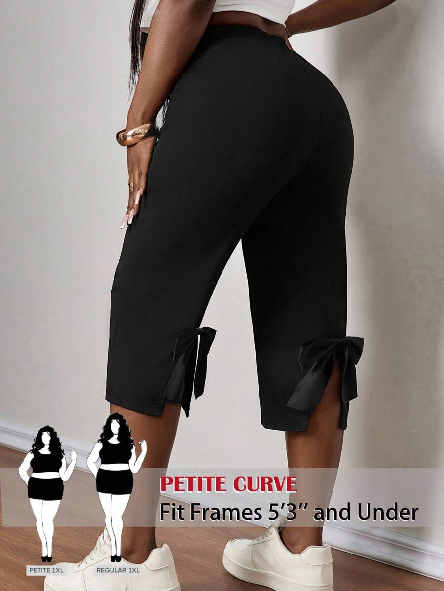 SHEIN PETITE CURVE Plus Size Women's Black 7/8 Length Casual Pants With Bow Decor Black Capri Pants Capri Pants For Women Womens Capris Pants Ruffle Pants Bow Pants, Suitable For People Of Shorter Stature