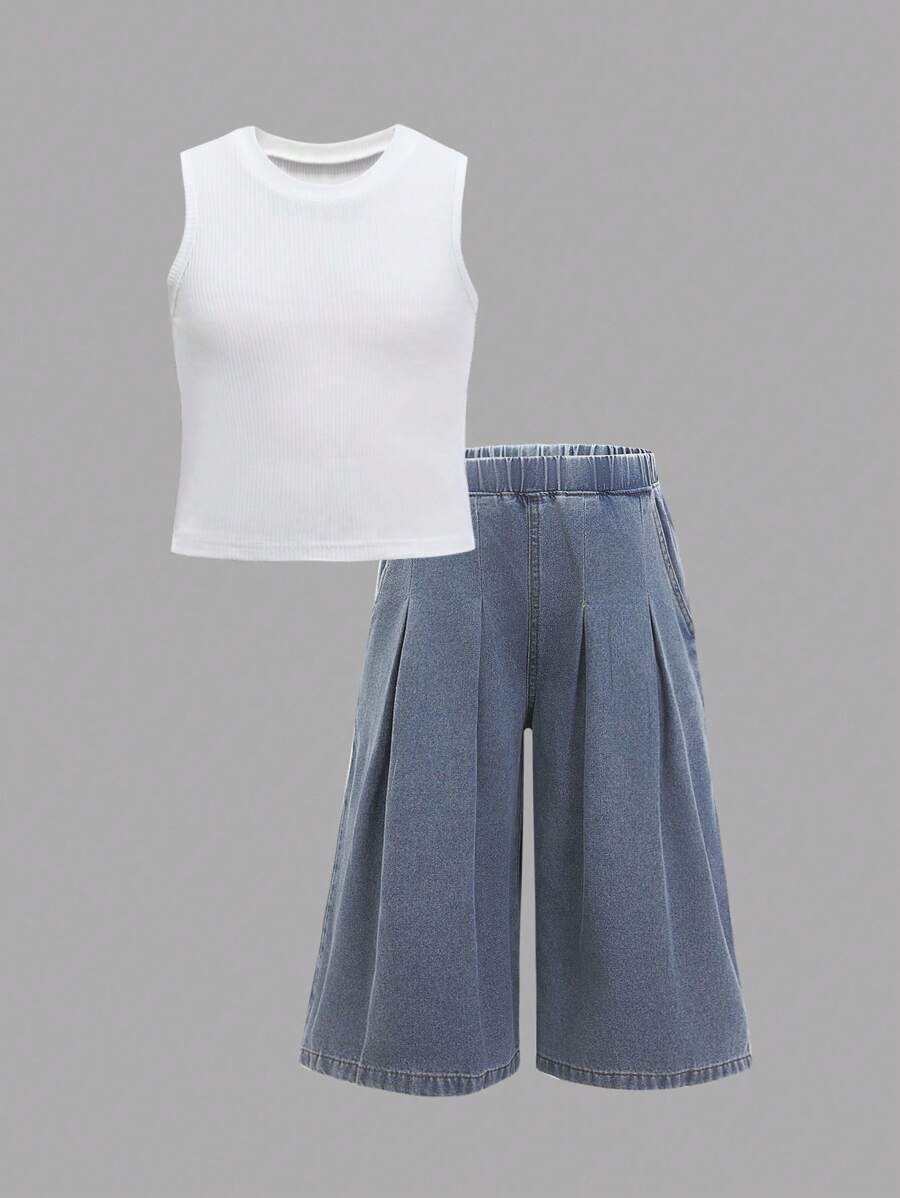 SHEIN Girlism Conjunto informal de niña con camiseta de manga corta cuello redondo simple y cómoda, y pantalón de jean plisado