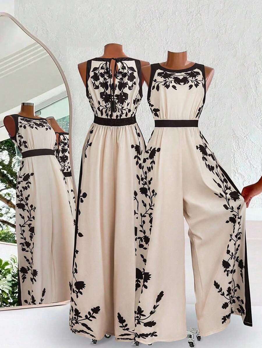 SHEIN Clasi Tuta elegante da donna senza schienale, tuta larga e morbida con stampa a blocchi di colori