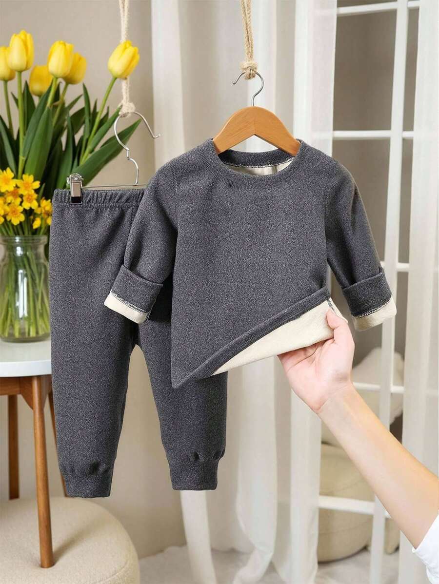 Baby Boys Casual Thermal Lined Long Sleeve Round Neck T-Shirt & Elastic Waist Pants 2 Pieces Set, Suitable For Spring, Autumn And Winter, For Home, Outdoor And School Wear