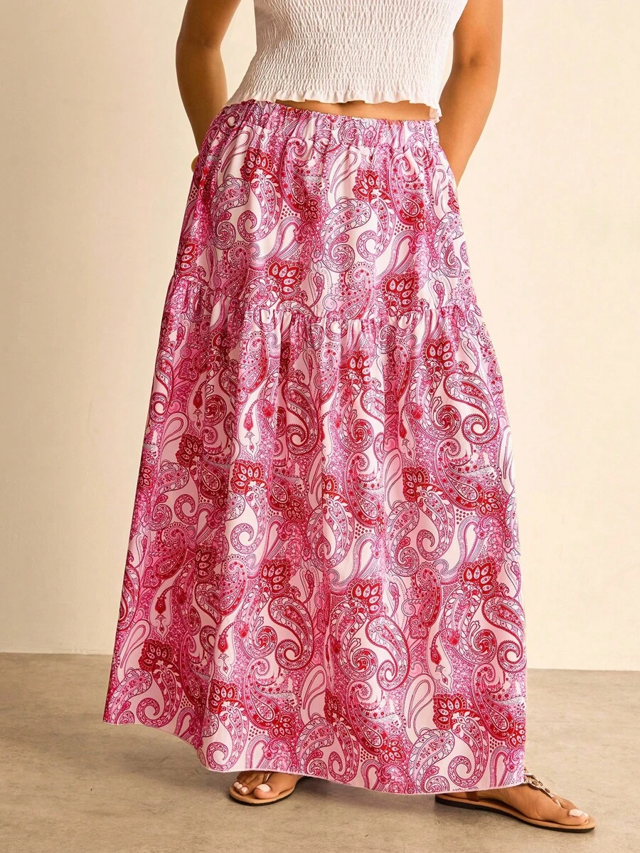Freevana Plus Size Women's Paisley Print Elastic Waist Skirt, Vacation Style, Spring/Summer Boho Skirt Paisley Skirt Long Summer Skirt Hippie Skirt Vacation Skirt