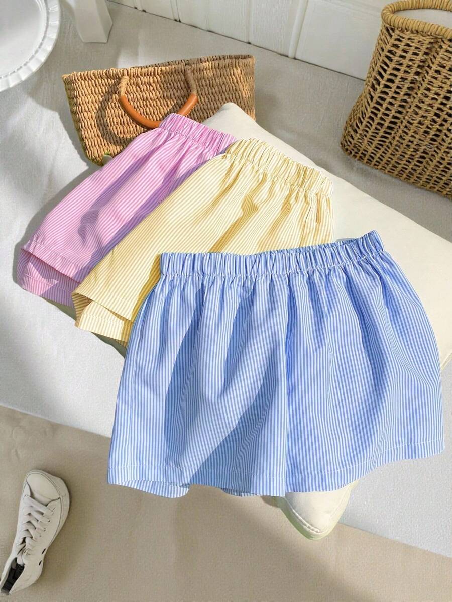 SHEIN 3 piezas/Conjunto de shorts rectos de tela rayada informal para niñas preadolescentes
