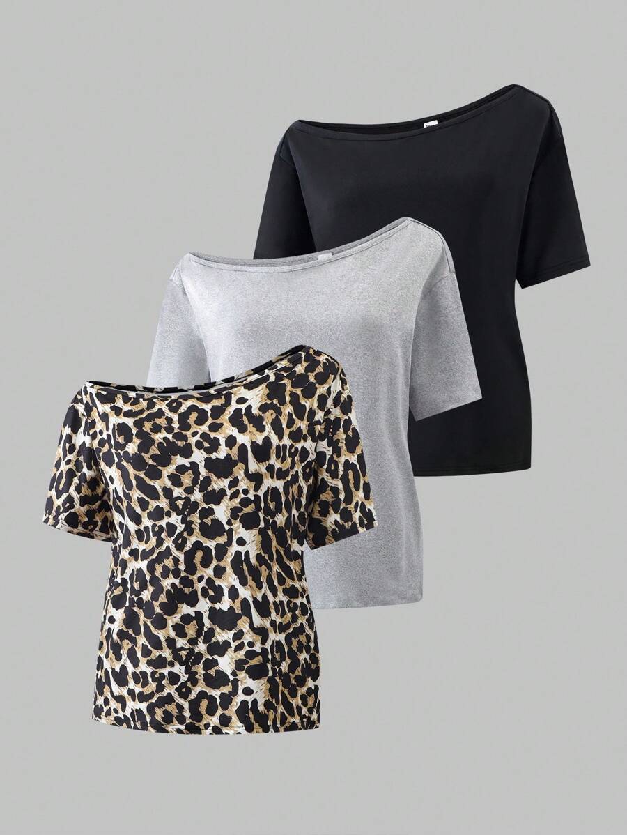 Casual All-Match Versatile Sporty Cropped Shoulder Loose Short Sleeve T-Shirt, Leopard Print Assorted Pack, For Teenage Girls