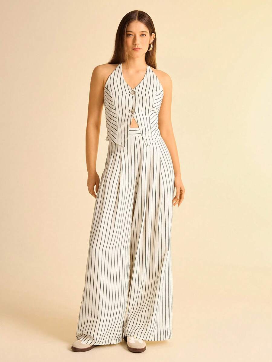 CAJUNI Women's Holiday Beige And Black Striped ,Relaxed Fit Wide Leg Casual Pants, Suitable For Travel And Commute,Pantalones De Mujer,Pantalones,Summer Pants,Bolero,Pantalones Cortos,Pantalones De Vestir Mujeres,Trousers,Pantalón De Vestir,Pantalones Mujer,Pantalón De Vestir Mujer