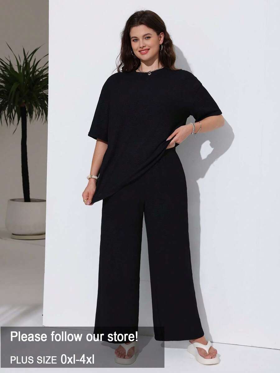 Solflare Plus Size Plain Round Neck Short Sleeve Casual Top And Pants Set