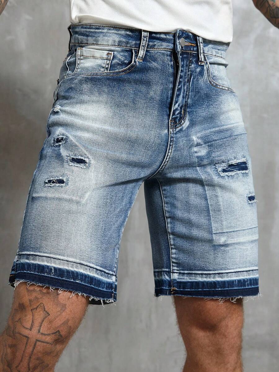 RivetRise Pantalones cortos de mezclilla de verano informales y desgastados con borde crudo para hombres