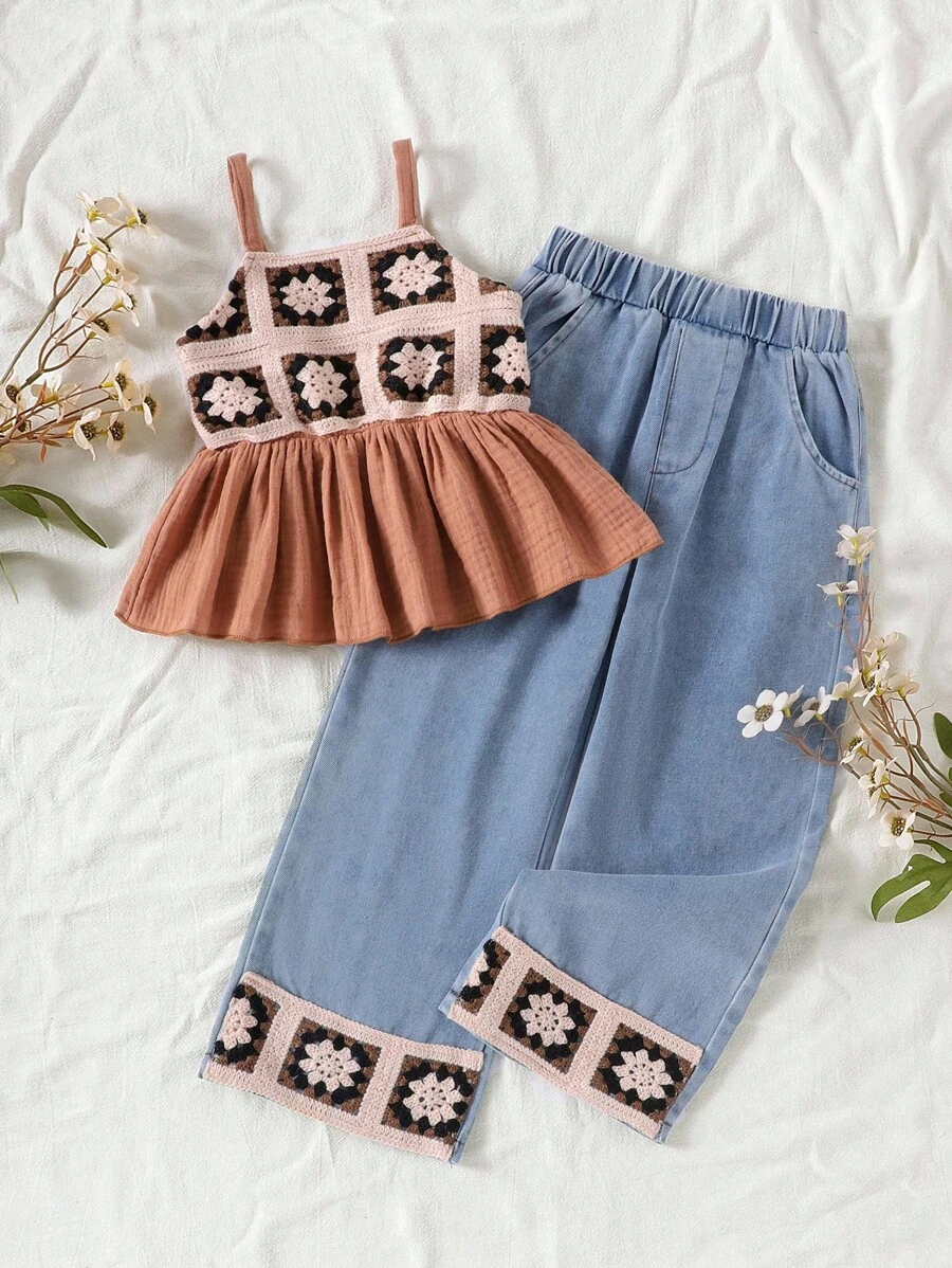 Set de top de tirantes de encaje vintage y pantalón vaquero largo para niña (talla pequeña), nueva vestimenta de estilo retro y popular para el verano