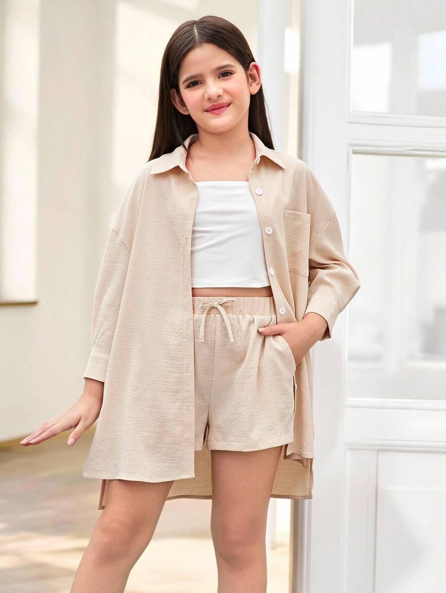 3 PiecesTween Girl Casual/Home Loose Drop Shoulder Lapel Button-Up Woven Texture Shirt, Fitted Stretchy Knit Camisole And Matching Shorts Set, Khaki & Apricot, Suitable For Home, Outgoing, Back To School And More Occasions