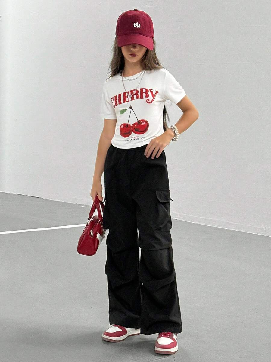 2 Stücke Set: Crop Top mit Kirsche Muster + Cargohose, für Mädchen in Große Größen