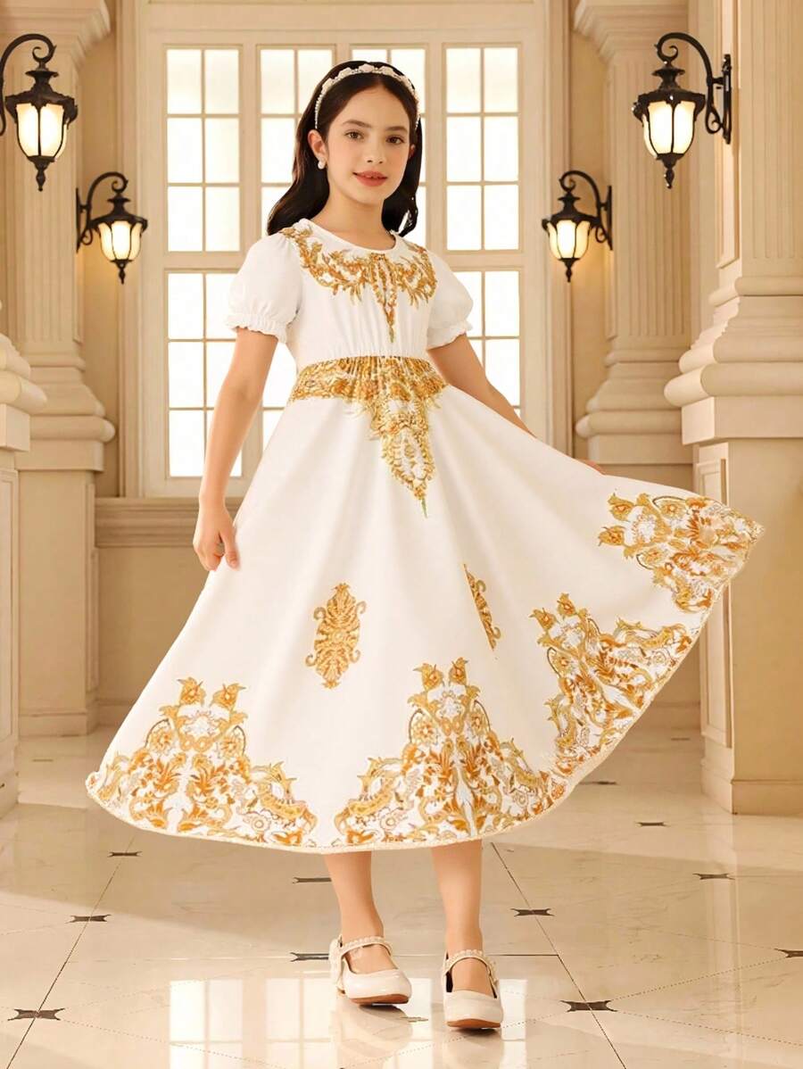 Vestido de vacaciones y celebraciones con mangas abullonadas, estampado retro elegante para niña preadolescente