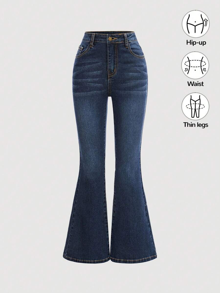 SHEIN Girlism Jeans acampanados de ajuste ceñido de mezclilla desgastada con bolsillo en ángulo para ropa y conjunto de ropa de verano para niñas preadolescentes de estilo retro 2000