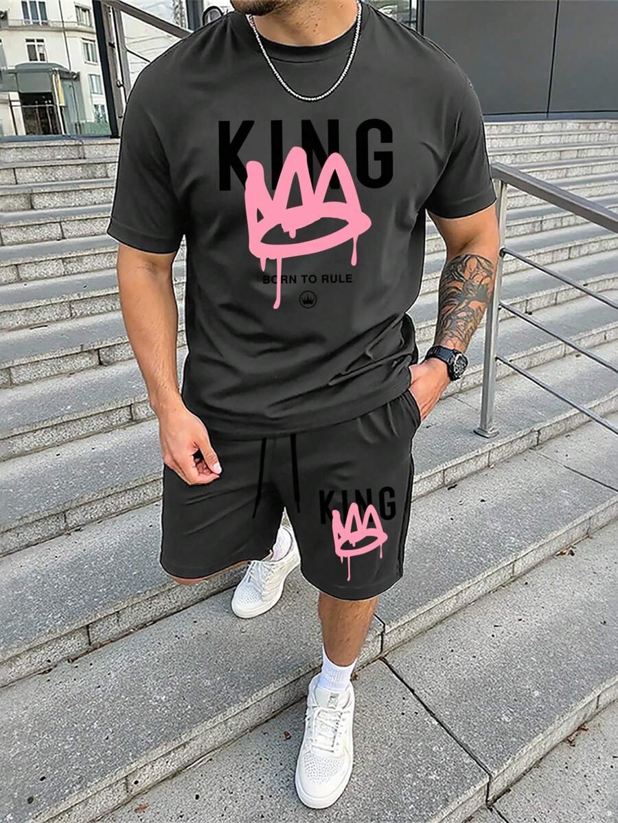 Manfinity Homme 2pcs/Set Men Casual Round Neck Short Sleeve T-Shirt And Shorts Sets