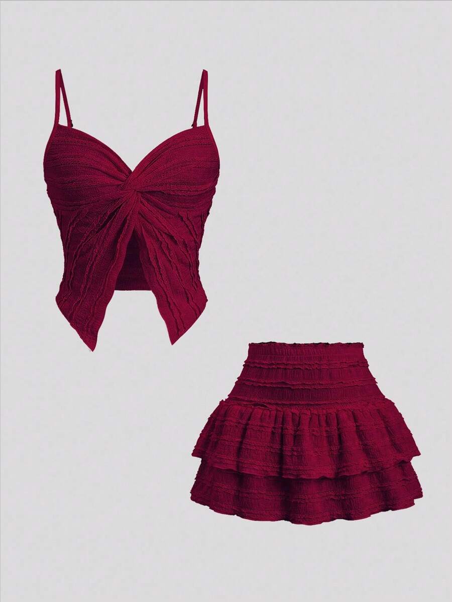 Sweetra Set de 2 piezas con top de tirantes con volantes y falda mini con bajo plisado en A, elegante moda para mujer, primavera/verano