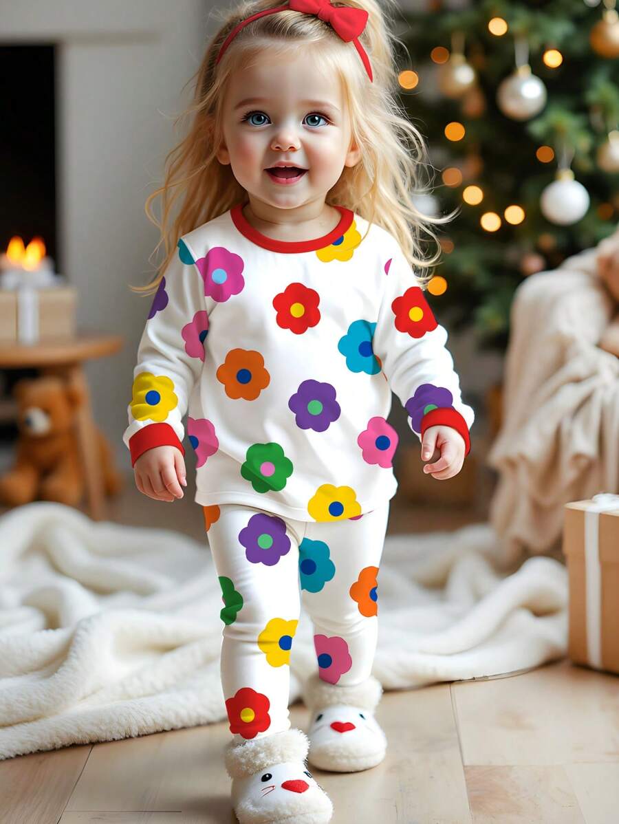 SHEIN Conjunto cómodo de pijama con estampado floral lindo para niña bebé, con top de manga larga y pantalones largos, para otoño/invierno