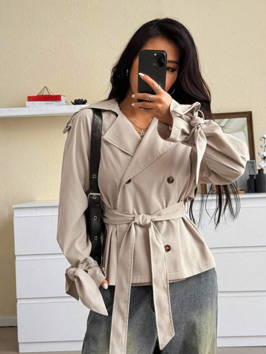 SHEIN EZwear Casual Versatile Fashion Waist Tie Long Sleeve Women Trench Coats,Fall Women Clothes