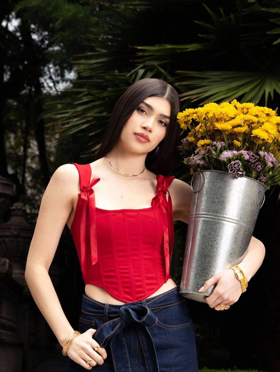 SHEIN MOD Top de corpiño con lazo y espalda con cordones, rojo, para vacaciones, Nochevieja, salir, top, Acción de Gracias