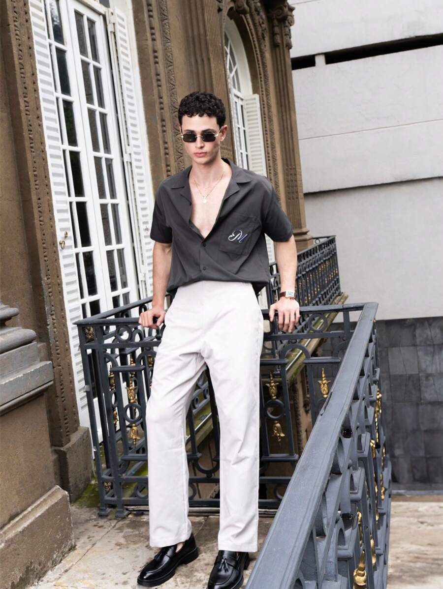 SHEIN X ELOISA & ORSON Musero Pantalones rectos con cintura plegable y doble pretina para hombres