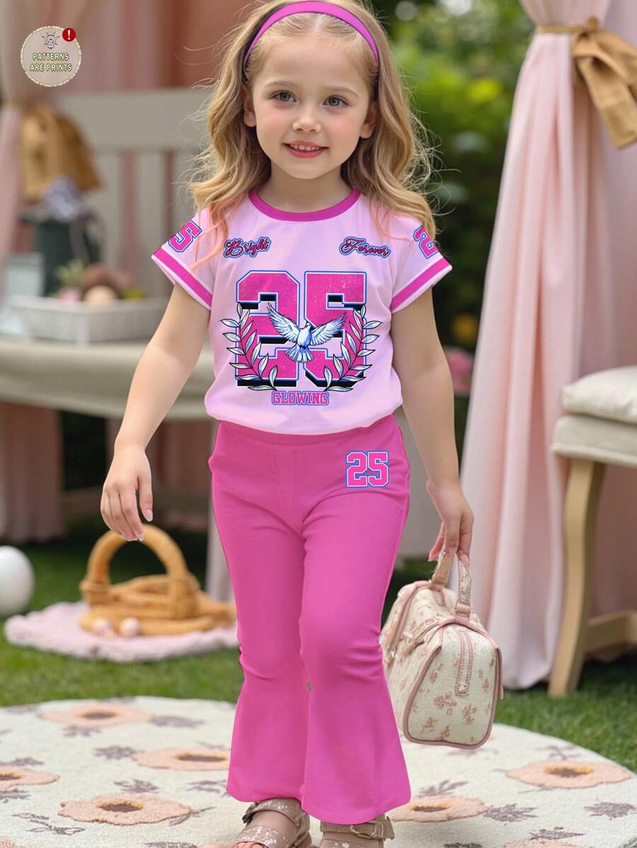 Set de 2 piezas con top de manga corta de cuello redondo y pantalón acampanado con diseño gráfico minimalista de estilo 'athleisure' con patrón 25, adecuado para moda de verano, estilo de los 80s, para chica joven