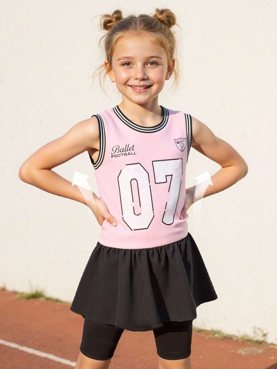 JNSQ Ensemble 2 pièces pour fille pré-adolescente : Soutien-gorge de sport et short de yoga. Ensemble 2 pièces pour enfants : Débardeur imprimé de numéros amusants et short, en patchwork et couleurs contrastées