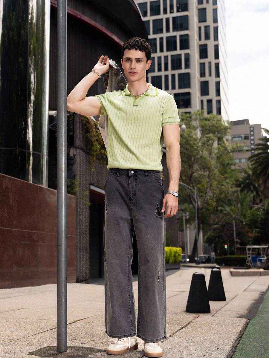 SHEIN X ELOISA & ORSON AKNOTIC Party Jeans casuales de cintura media larga y pierna recta tejidos para hombres, adecuados para combinar a diario, para rave