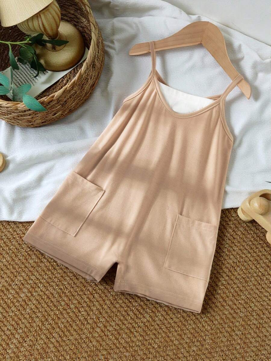 SHEIN Vintaside Kids Young Girl Vacation Dual-Pocket Jumpsuit Sleeveless Shorts, Summer