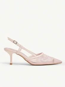 CUCCOO CHICEST Women's Fashion Pointed Toe Pink Embroidered Mesh Open Toe Ankle Strap Stiletto High Heel Party Dress Sandals