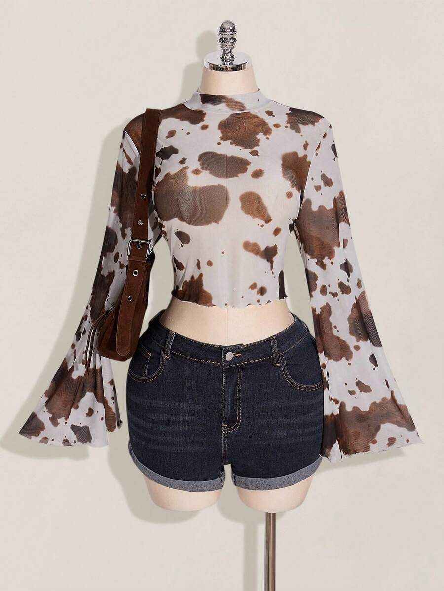 SHEIN ICON Blusa de Manga Longa Estampa de Vaca Boêmia com Manga Sino Estilo Hippie, Vestimenta Western, Ganga Chique para Mulheres Plus Size em Férias