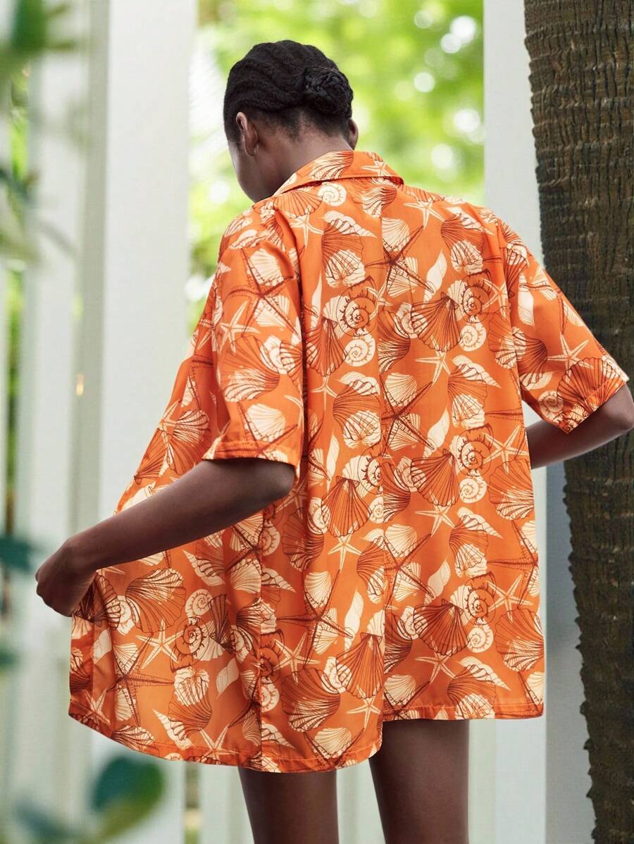 Maija Vestido de playa de manga corta con estampado de océano para mujer