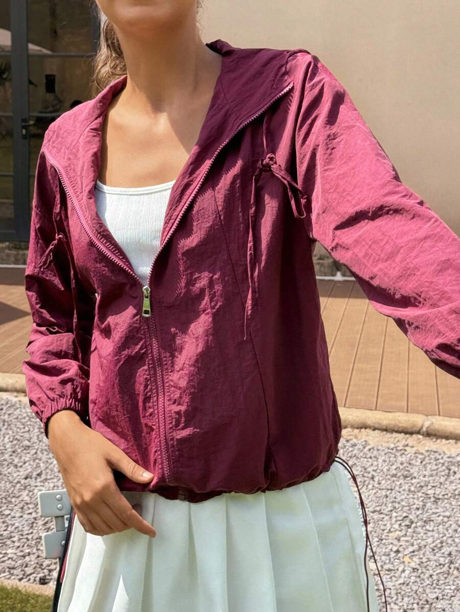 Jouncy Women Casual Simple Solid Color Zip Up Hooded Long Sleeve Jacket
